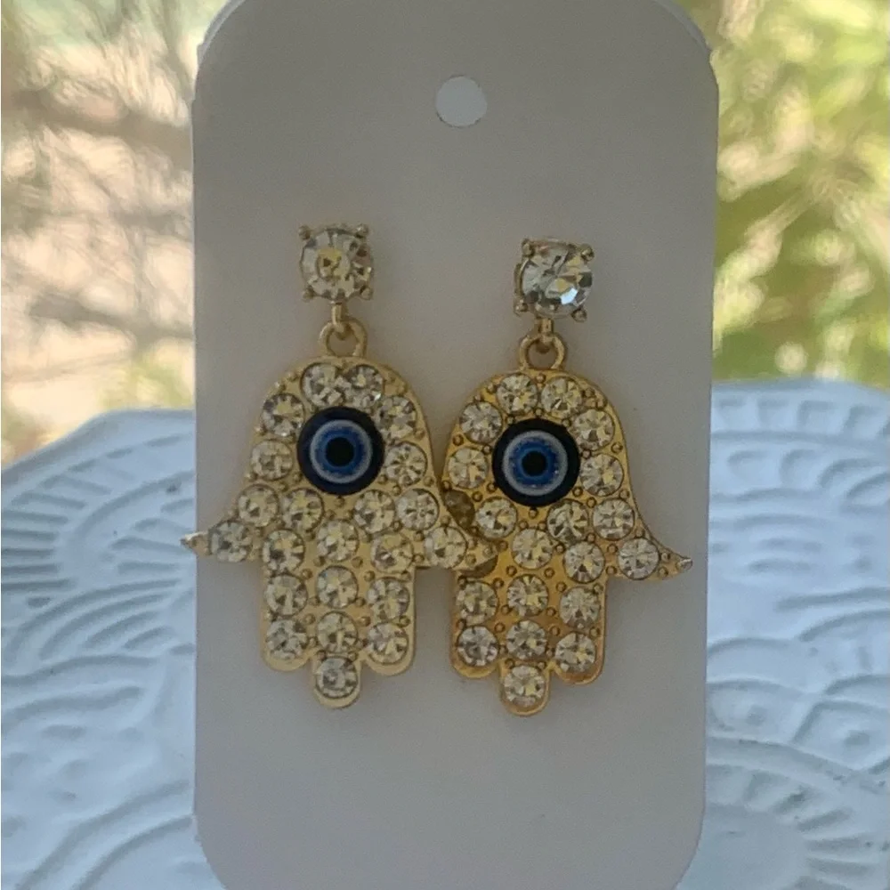 Evil eye protection hamsa hand of fatima gold tone rhinestone earrings - Picture 4 of 4